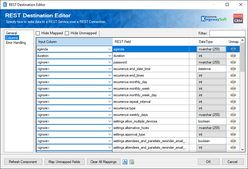 SuiteCRM Destination Component - Columns